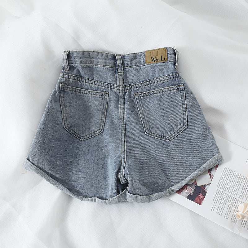 Damen High-Waist Denim-Shorts mit umschlagbarem Saum und elastischem Bund Drune