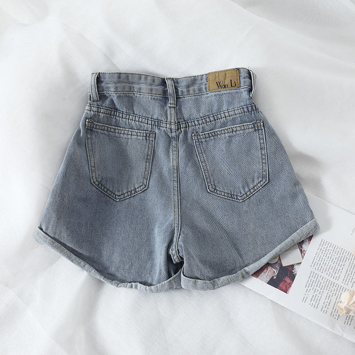 Damen High-Waist Denim-Shorts mit umschlagbarem Saum und elastischem Bund Drune