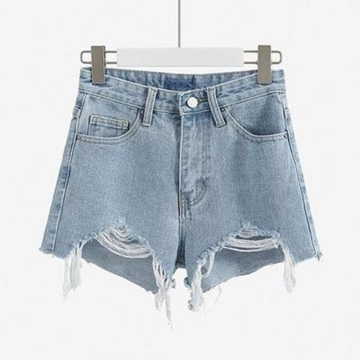 Damen Destroyed Denim Shorts mit hohem Bund und Fransensaum