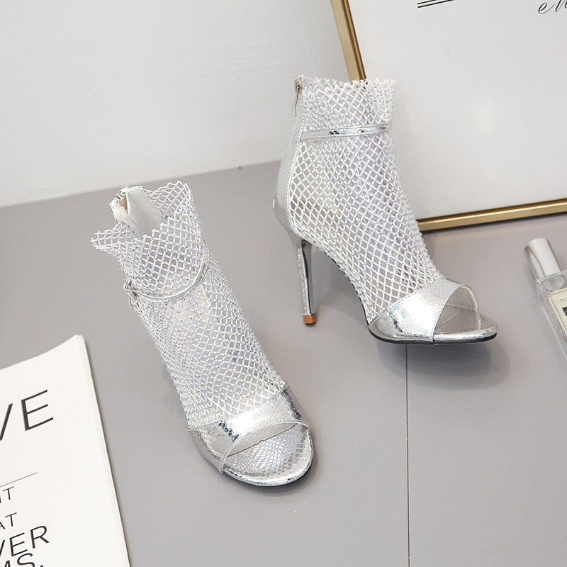 Damen Open-Toe Stiefeletten mit funkelnden Netzdetails und elegantem Absatz Drune