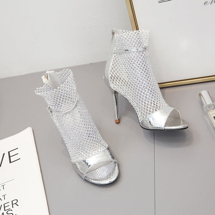 Damen Open-Toe Stiefeletten mit funkelnden Netzdetails und elegantem Absatz Drune