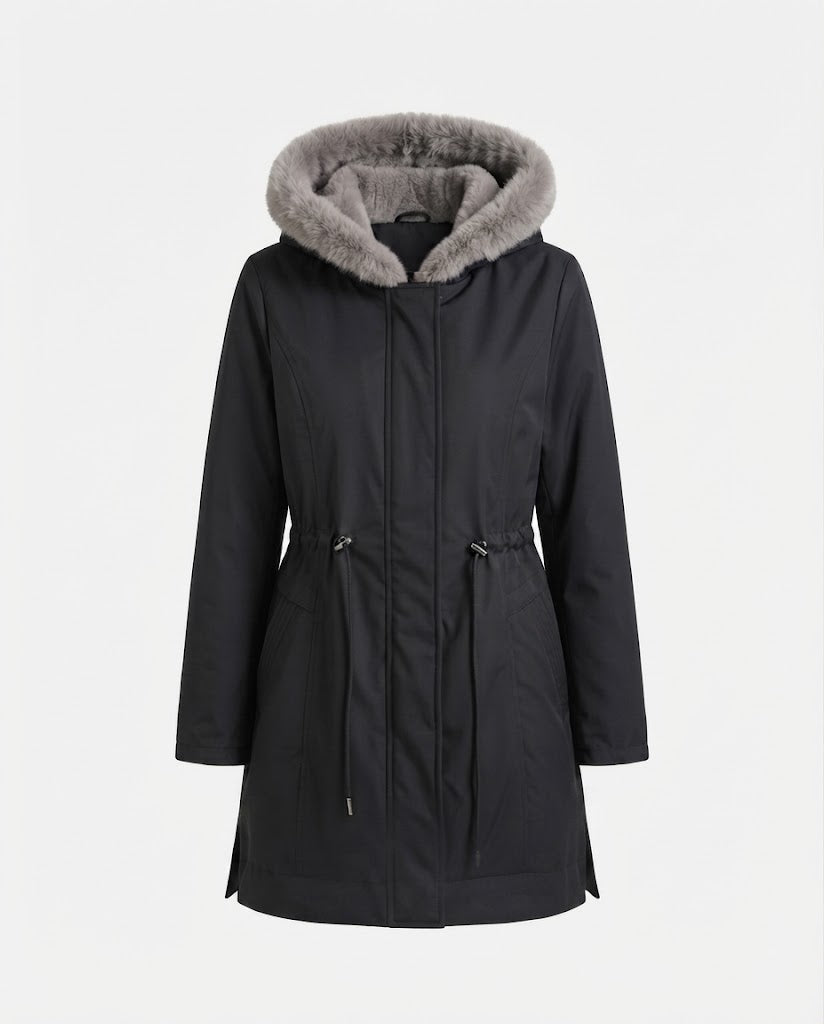 Damen knielange Thermoparkas mit abnehmbarem Teddyhood, Kordelzug in der Taille und verdeckter Frontklappe