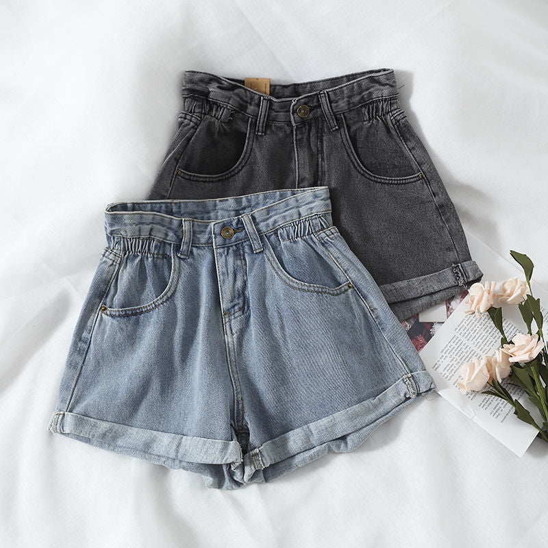 Damen High-Waist Denim-Shorts mit umschlagbarem Saum und elastischem Bund Drune