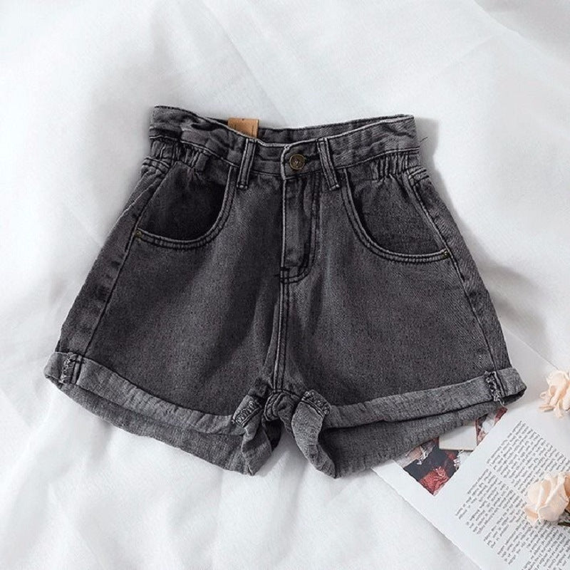 Damen High-Waist Denim-Shorts mit umschlagbarem Saum und elastischem Bund Drune