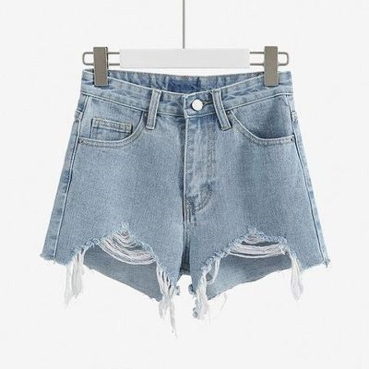 Damen Destroyed Denim Shorts mit hohem Bund und Fransensaum