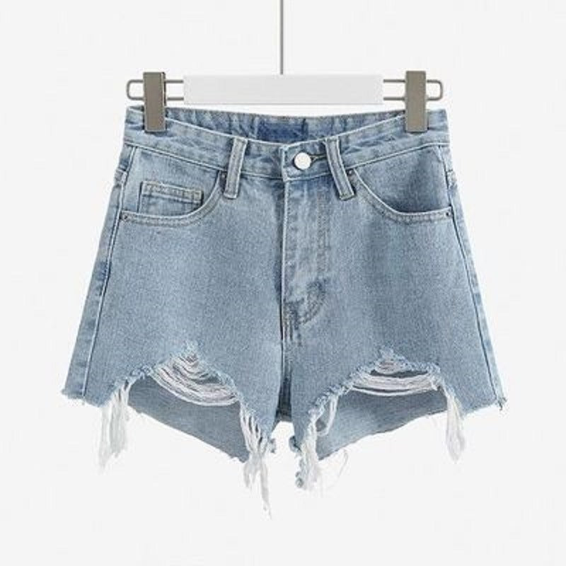 Damen Destroyed Denim Shorts mit hohem Bund und Fransensaum