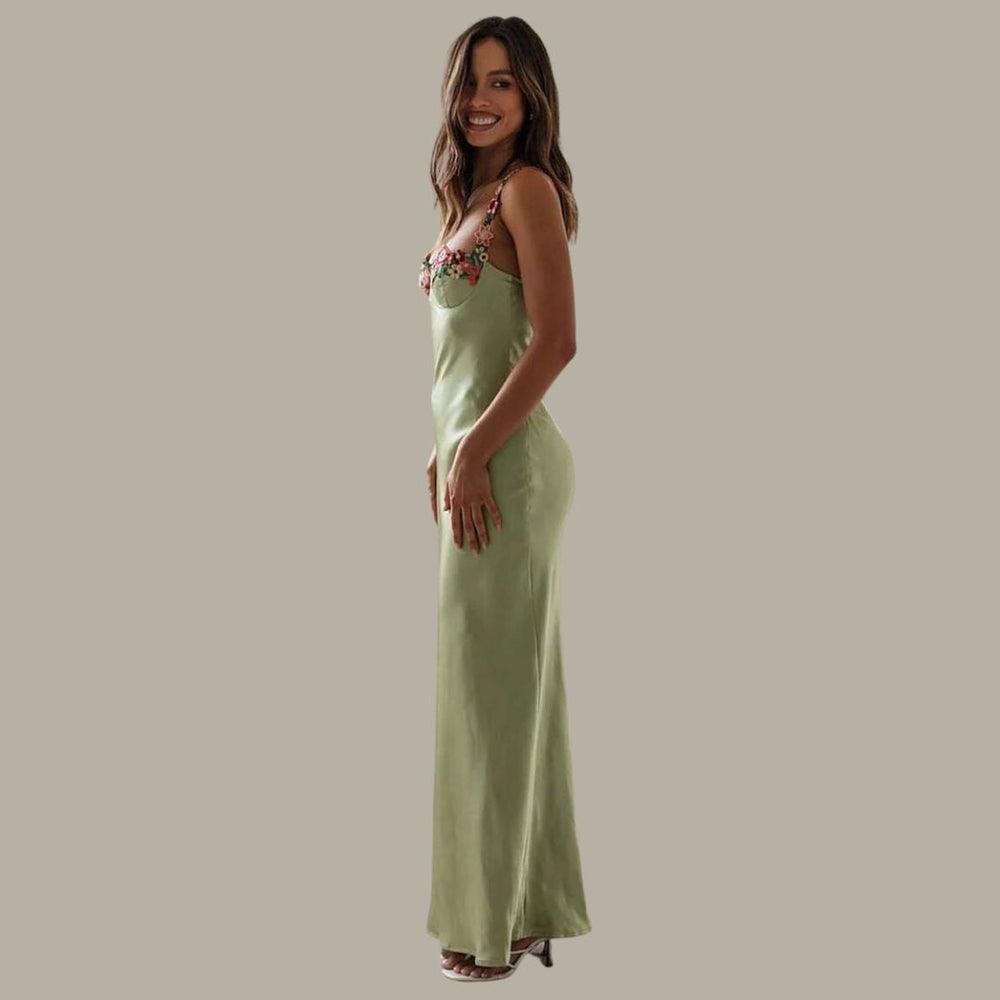 Drune | Besticktes Satin-Maxikleid mit Blumen für Damen