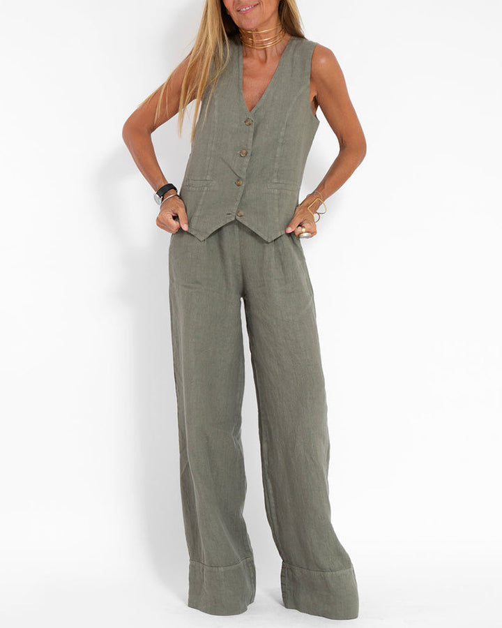 Drune | Elegantes 2-Teiliges Set Leinen Weite Hose & Weste