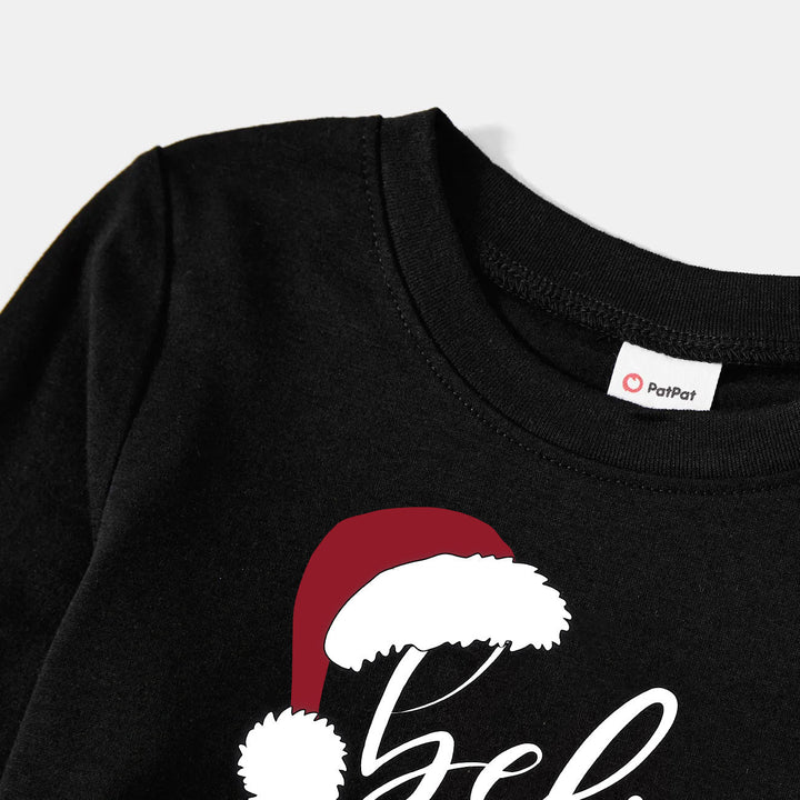 Drune | Weihnachtsmütze und 'Believe' Buchstaben Druck Muster Paar Schwarz & Weiß kariert Schlafanzug Set