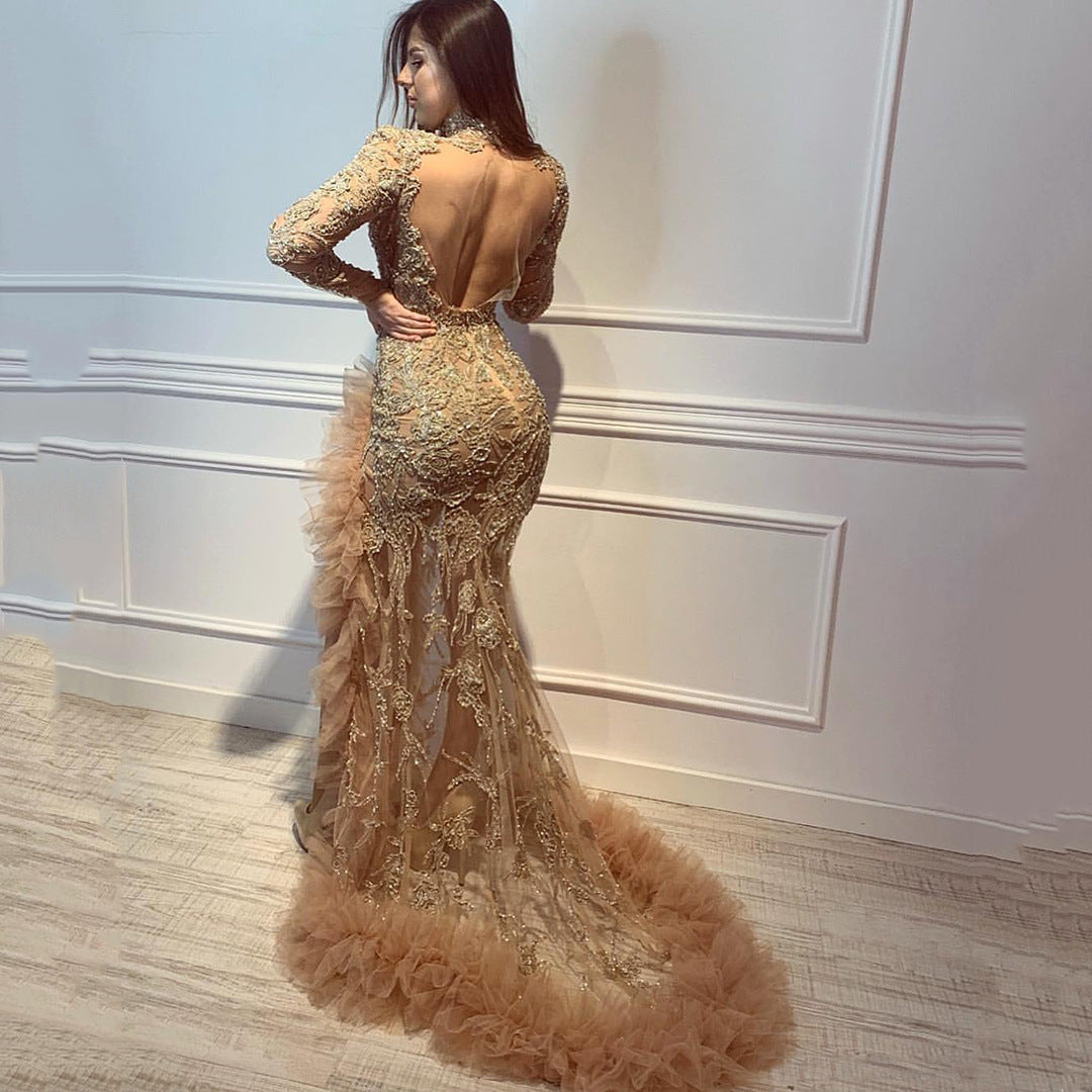Damen Gala-Tüllkleid Stickerei Mesh Rüschen-Schleppe