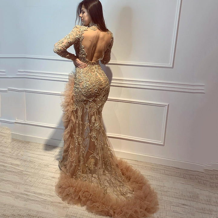Damen Gala-Tüllkleid Stickerei Mesh Rüschen-Schleppe