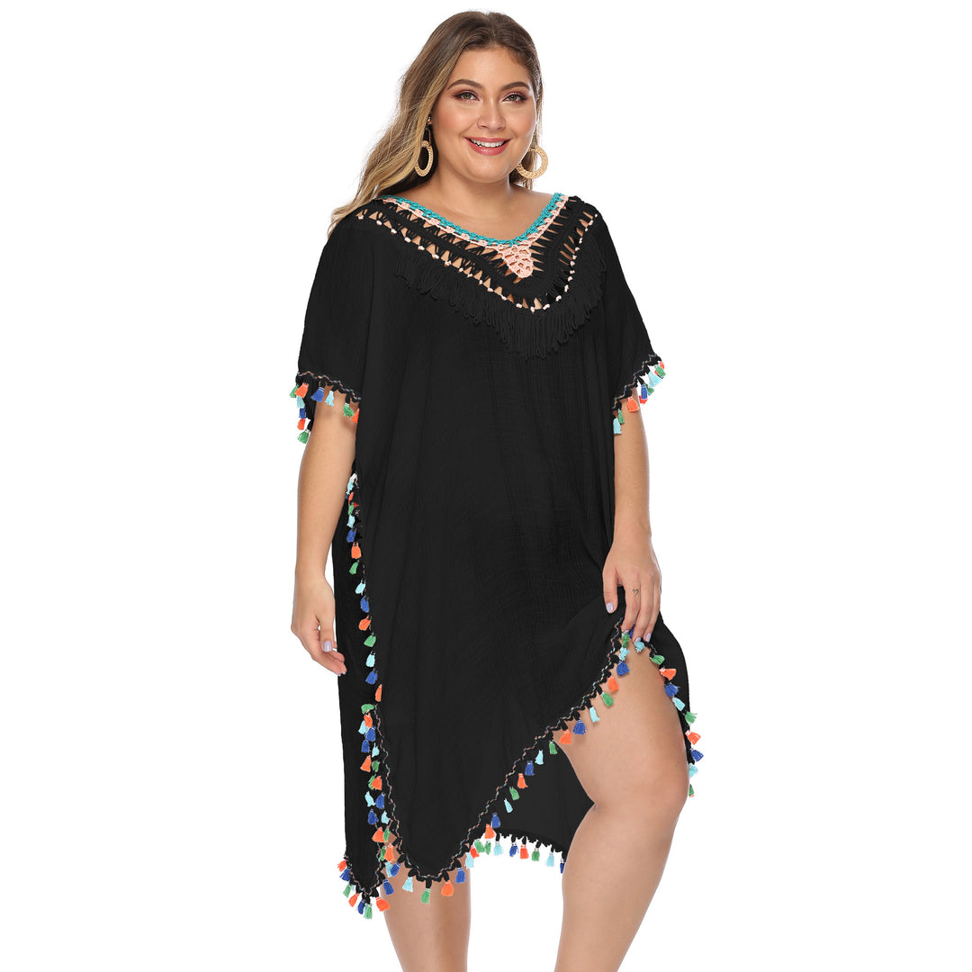 Damen luftiger Strandponcho mit buntem Quastenrand Drune