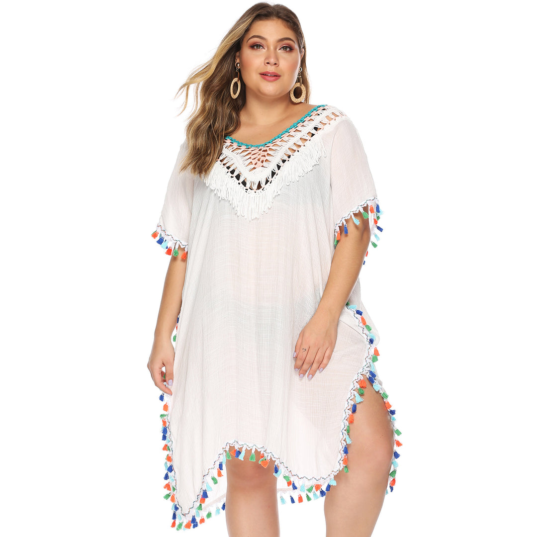 Damen luftiger Strandponcho mit buntem Quastenrand Drune