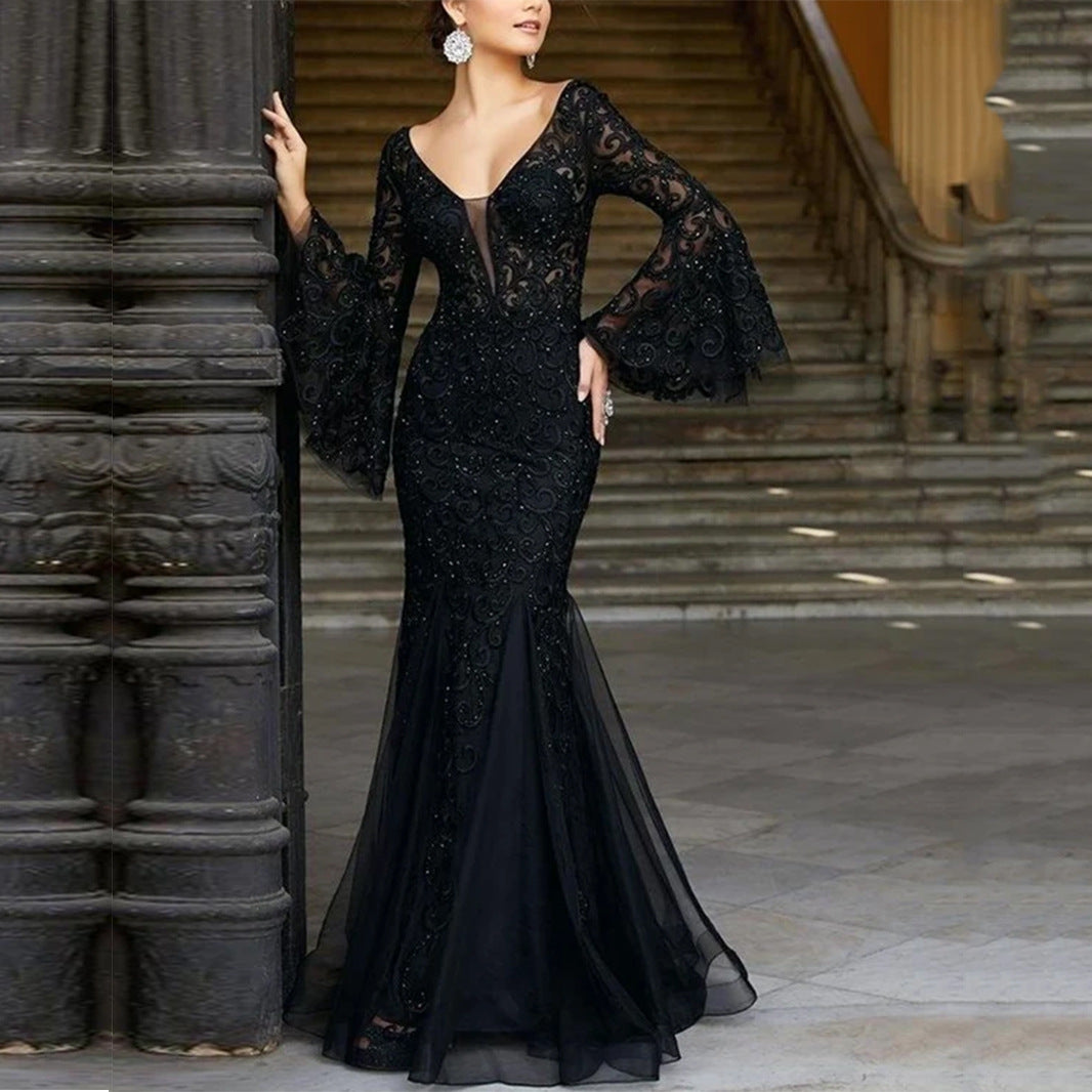Damen Figurbetontes Abendkleid mit schimmernden Verzierungen und elegantem V-Ausschnitt Drune