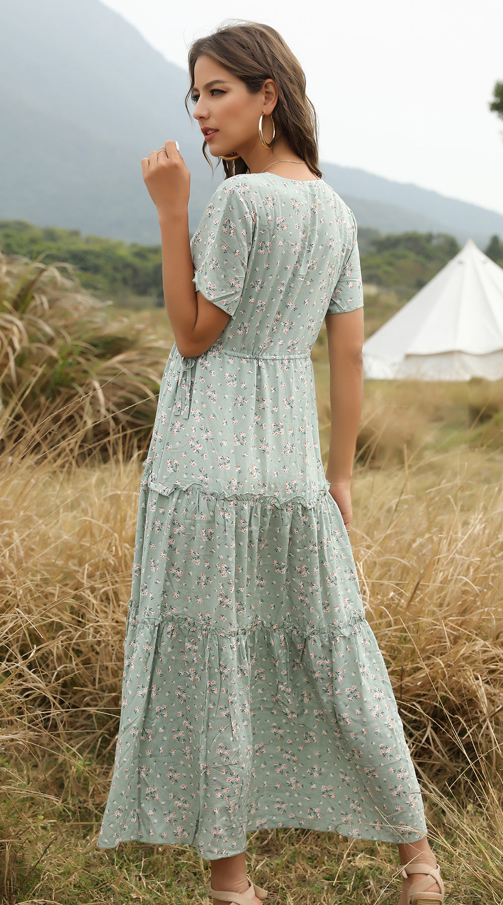 Drune | Sommer Blumenmuster Rüschen Boho Maxi Kleid