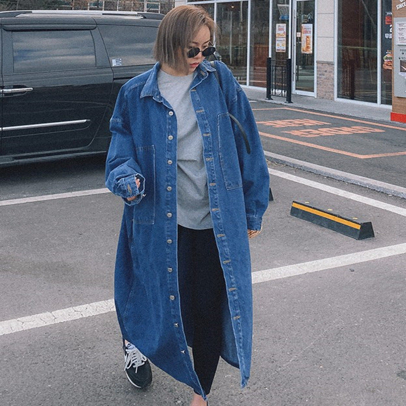 Damen Longline-Denimhemdmantel mit kastiger Oversize-Silhouette und durchgehender Knopfleiste Drune
