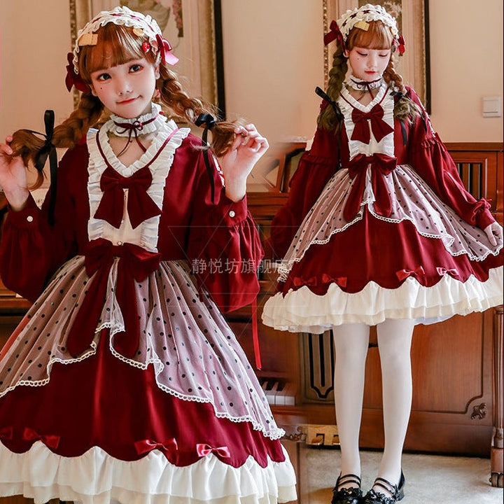 Damen Lolita-Kleid mit ausgefallenen Rüschendetails und Schleifen Drune