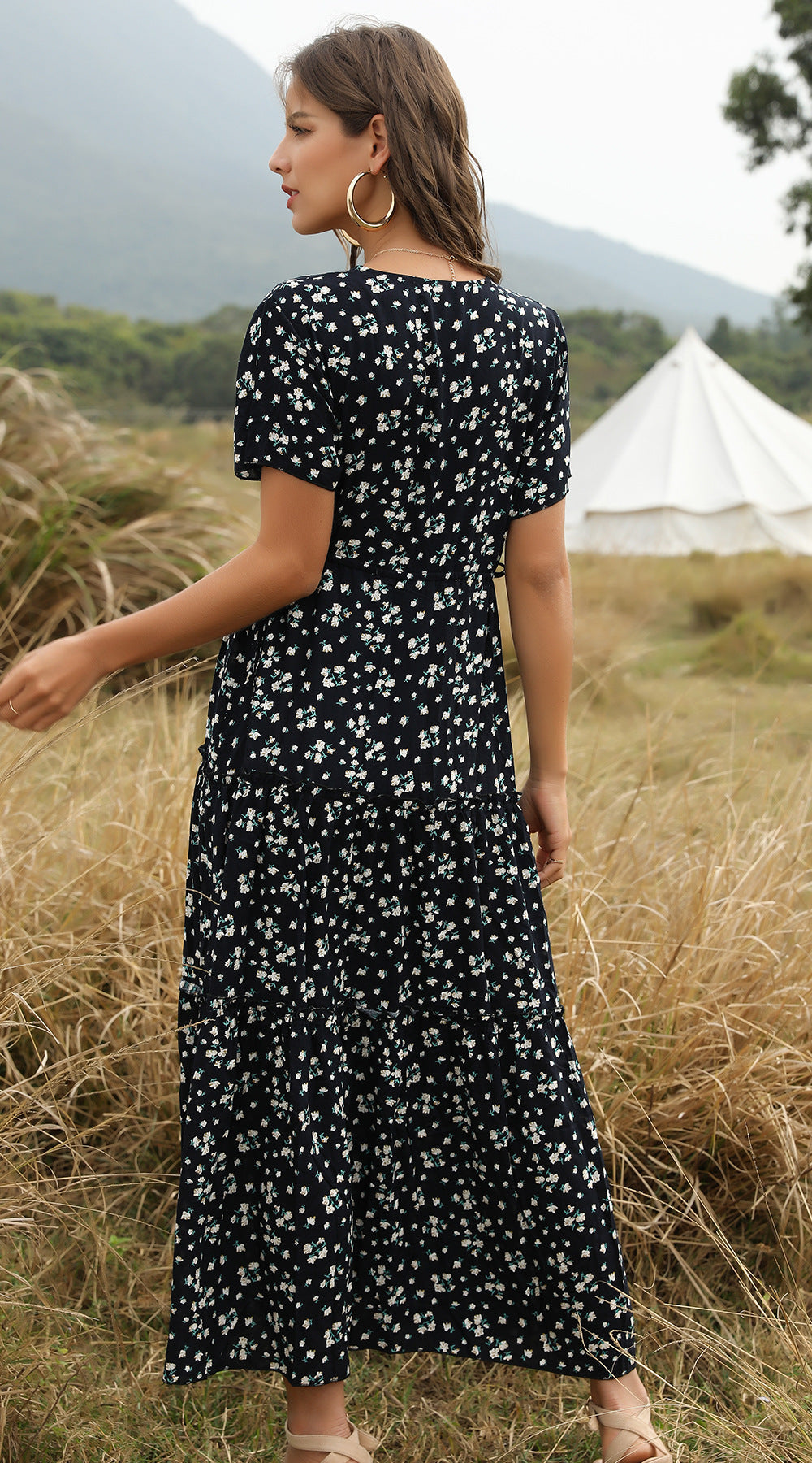 Drune | Sommer Blumenmuster Rüschen Boho Maxi Kleid