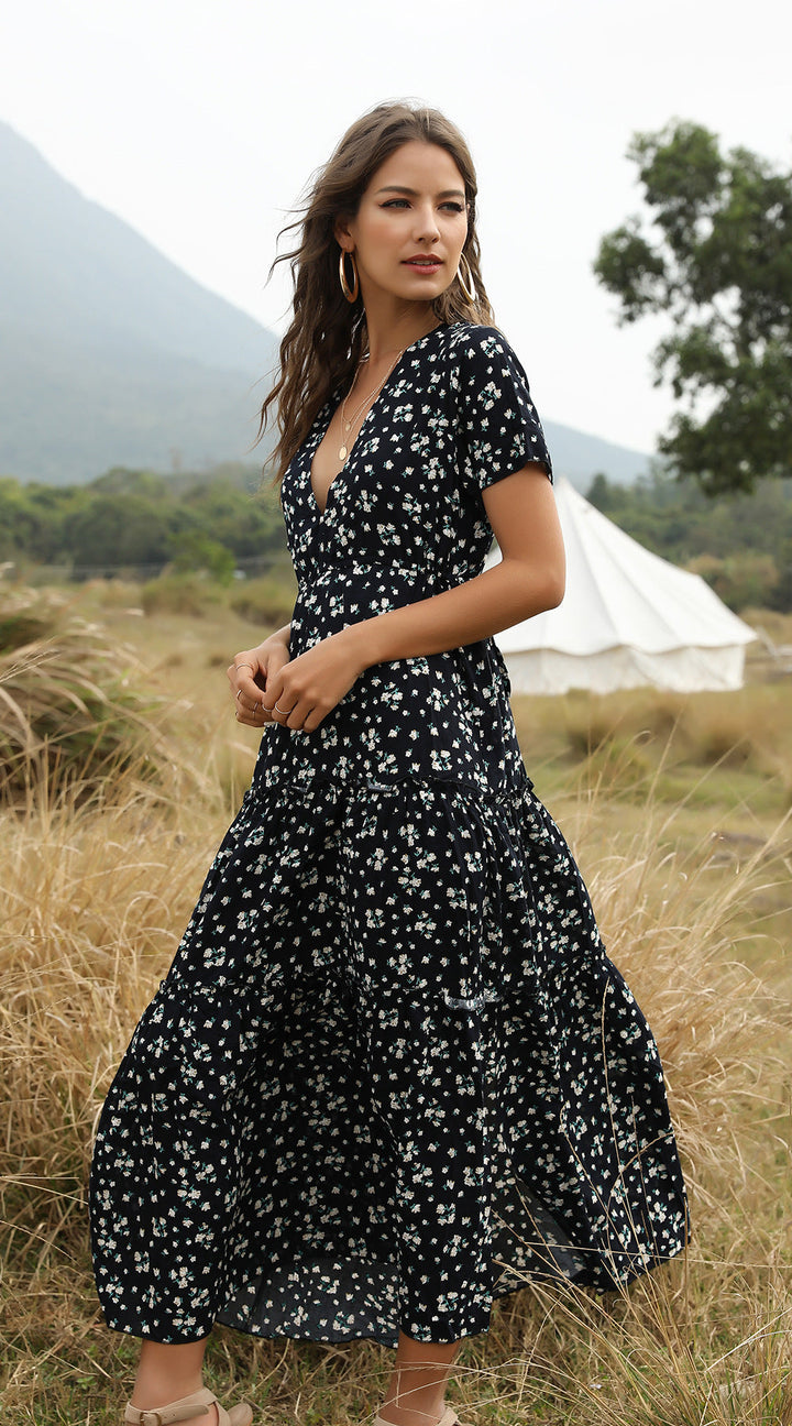 Drune | Sommer Blumenmuster Rüschen Boho Maxi Kleid