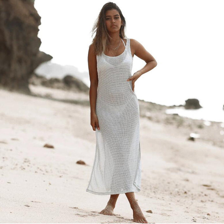 Damen luftiges Maxikleid mit transparentem Häkelmuster und seitlichen Schlitzen Drune