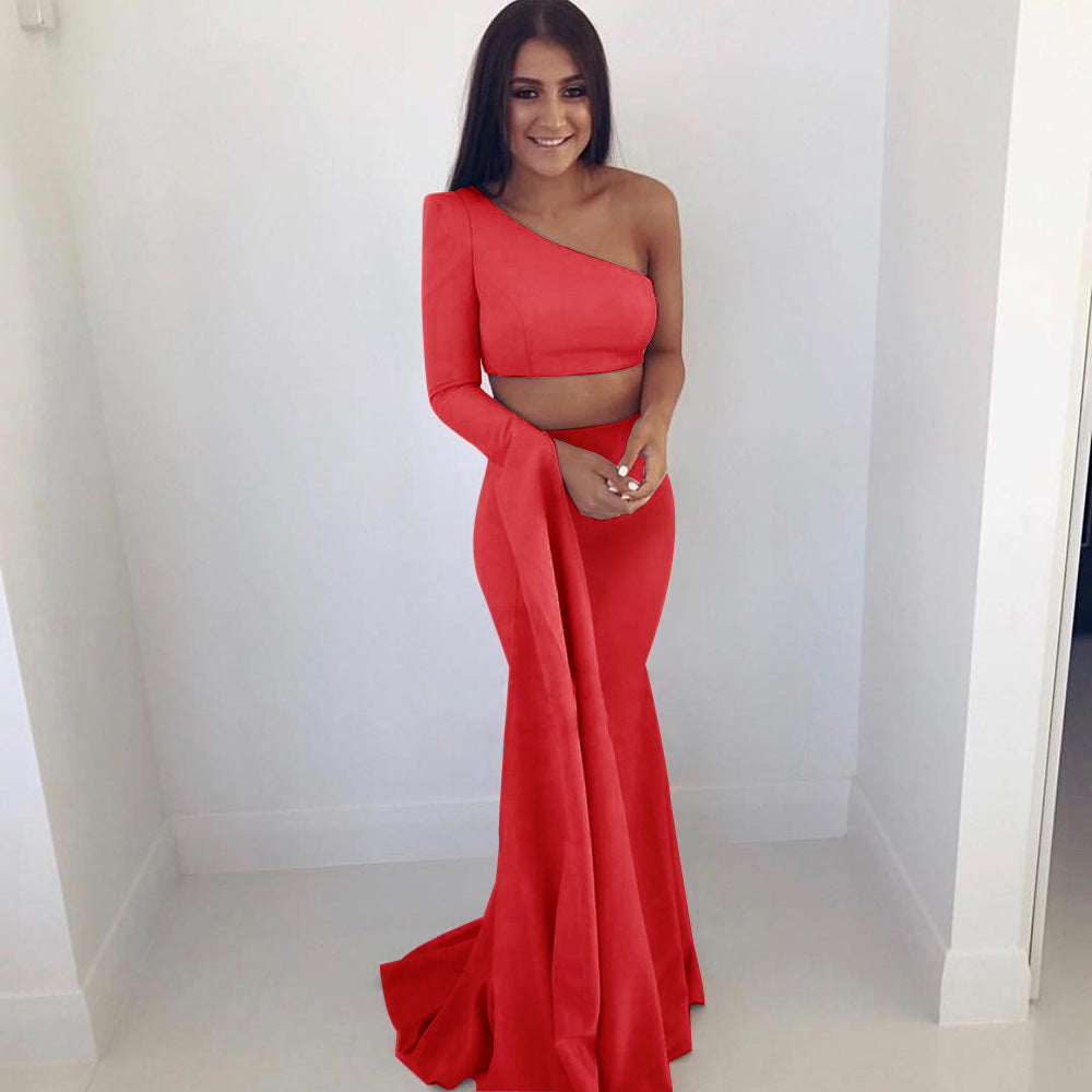 Damen elegantes schulterfreies Abendkleid mit asymmetrischem Schnitt und fließendem Stoff Drune