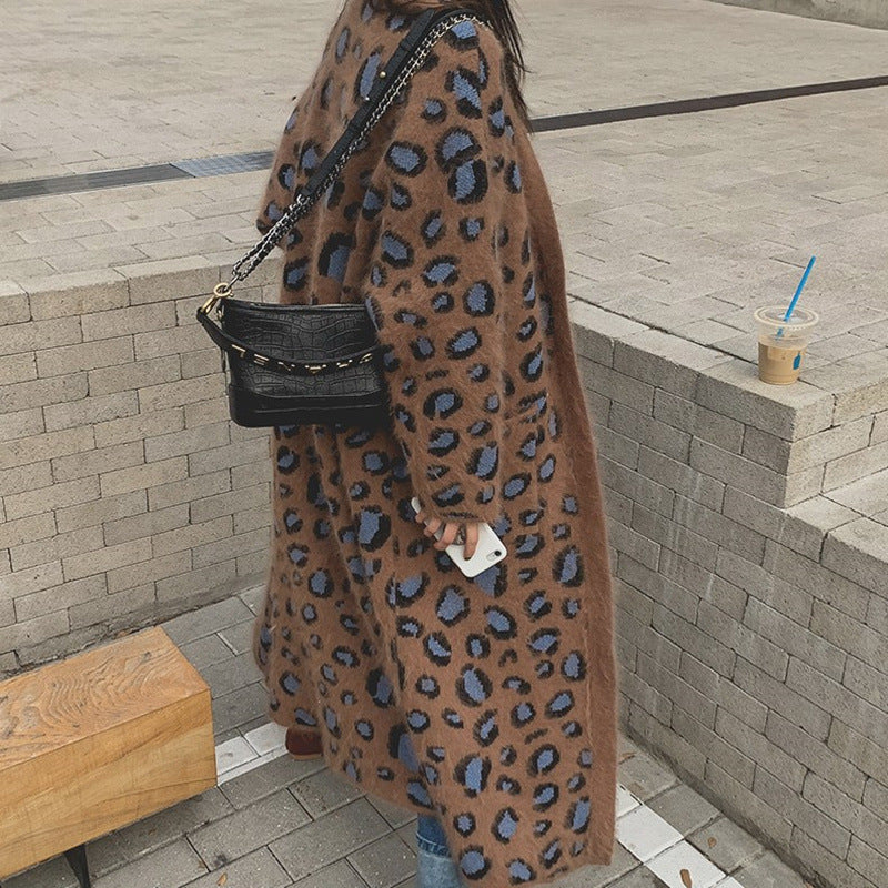 Damen Langer Flauschiger Strickcardigan mit Leo‑Print und offenem Oversize‑Schnitt Drune