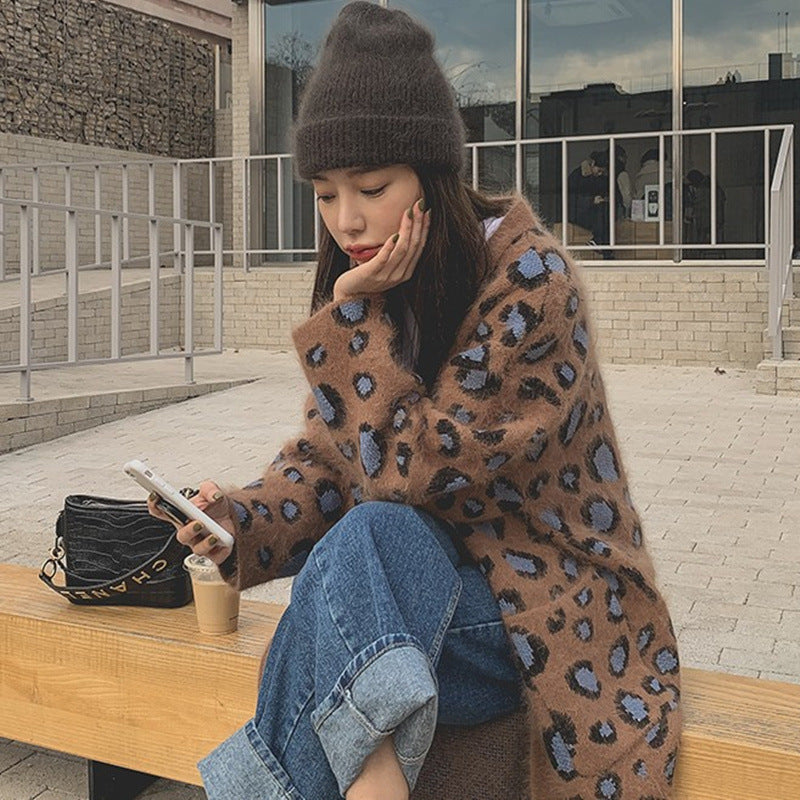 Damen Langer Flauschiger Strickcardigan mit Leo‑Print und offenem Oversize‑Schnitt Drune