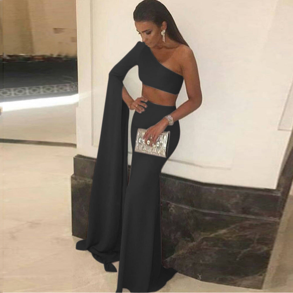 Damen elegantes schulterfreies Abendkleid mit asymmetrischem Schnitt und fließendem Stoff Drune