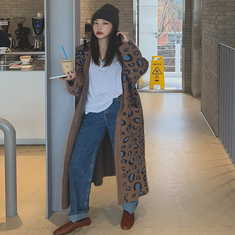 Damen Langer Flauschiger Strickcardigan mit Leo‑Print und offenem Oversize‑Schnitt Drune