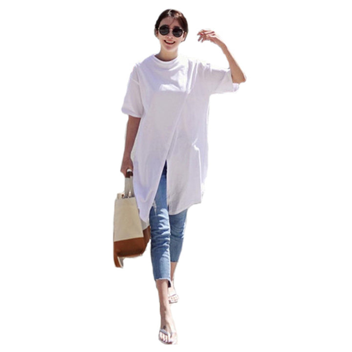 Damen Oversize-Longshirt mit zentraler Frontöffnung, verlängertem Saum und Rundhalsausschnitt Drune
