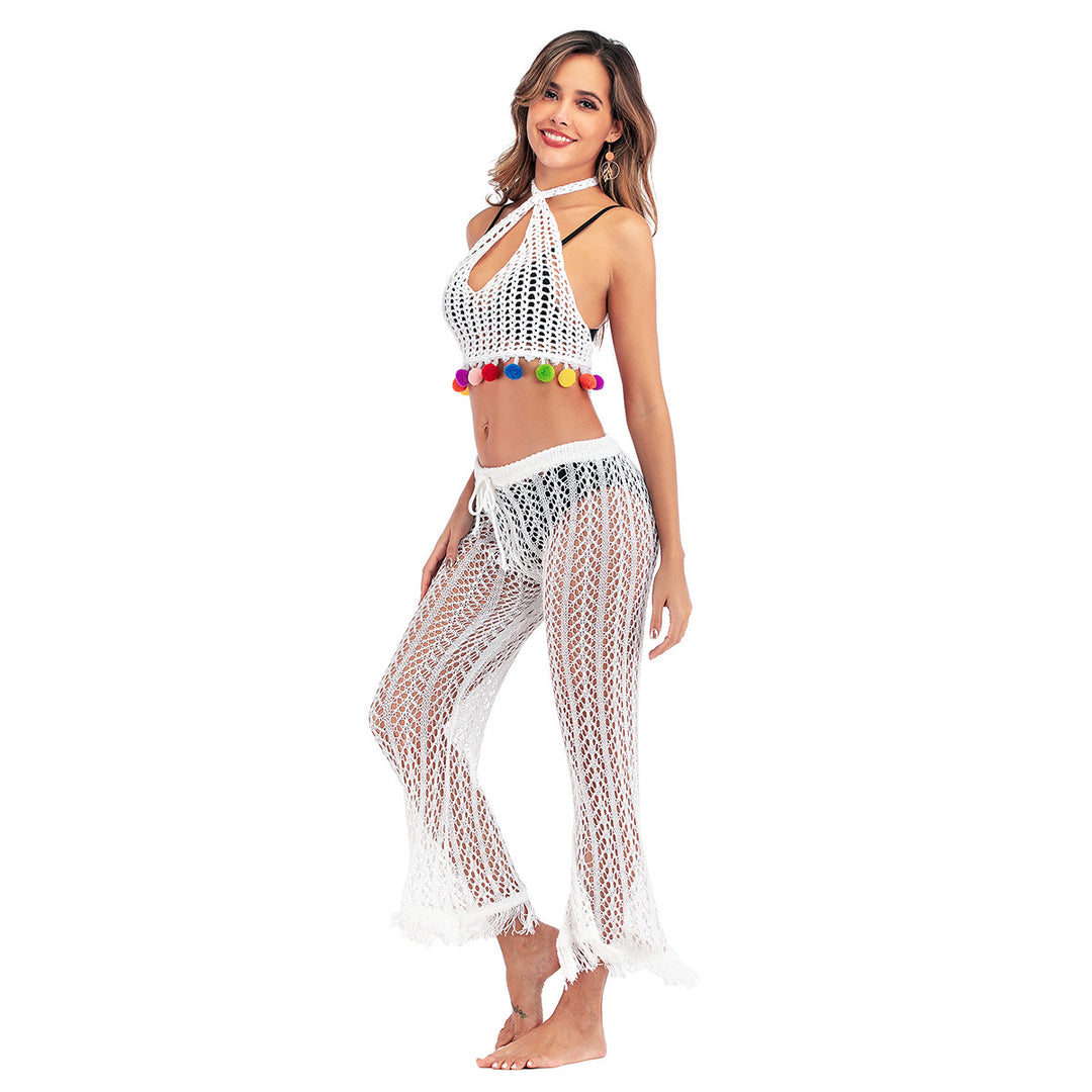 Damen Häkelstrickhose mit fransigen Säumen und hohem Bund Drune