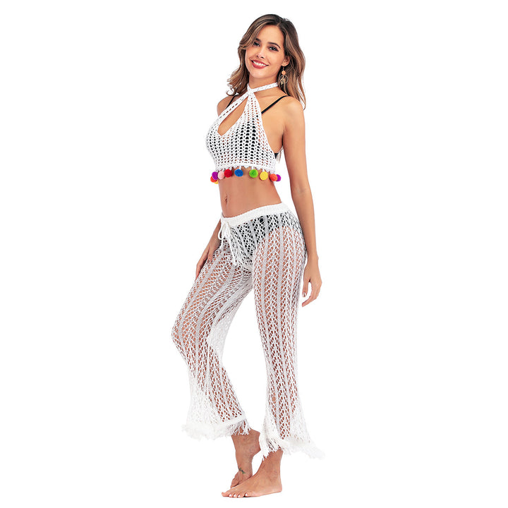 Damen Häkelstrickhose mit fransigen Säumen und hohem Bund Drune