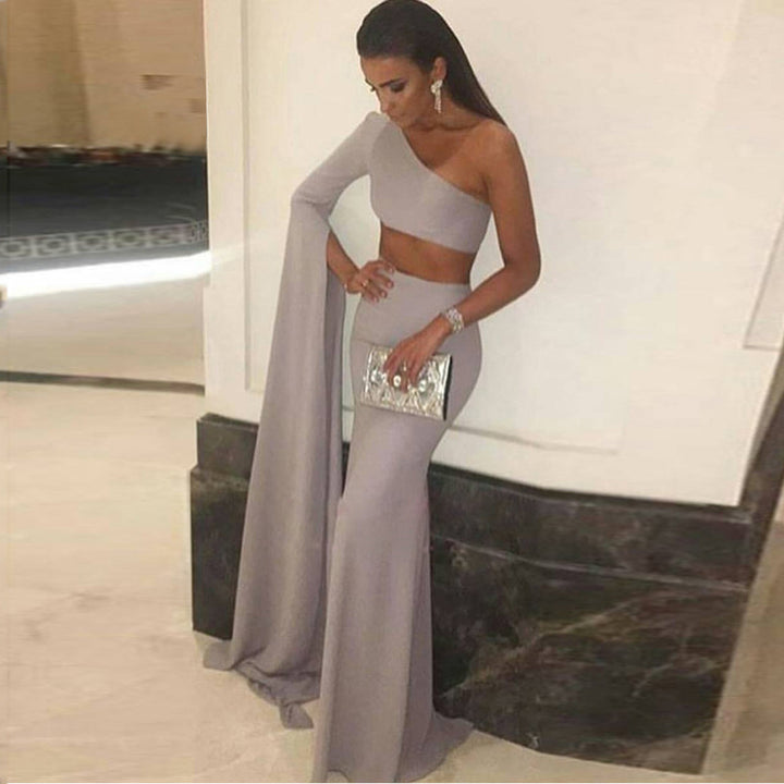 Damen elegantes schulterfreies Abendkleid mit asymmetrischem Schnitt und fließendem Stoff Drune