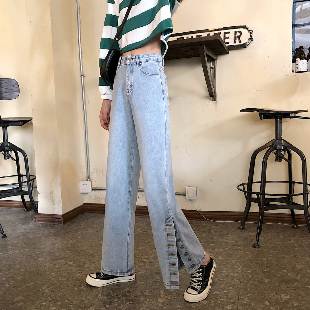 Damen Weitgeschnittene Jeans mit dekorativen Knopfdetails Drune