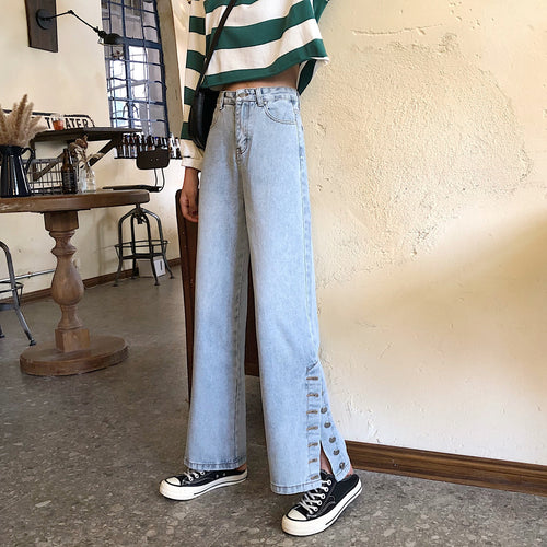 Damen Weitgeschnittene Jeans mit dekorativen Knopfdetails Drune