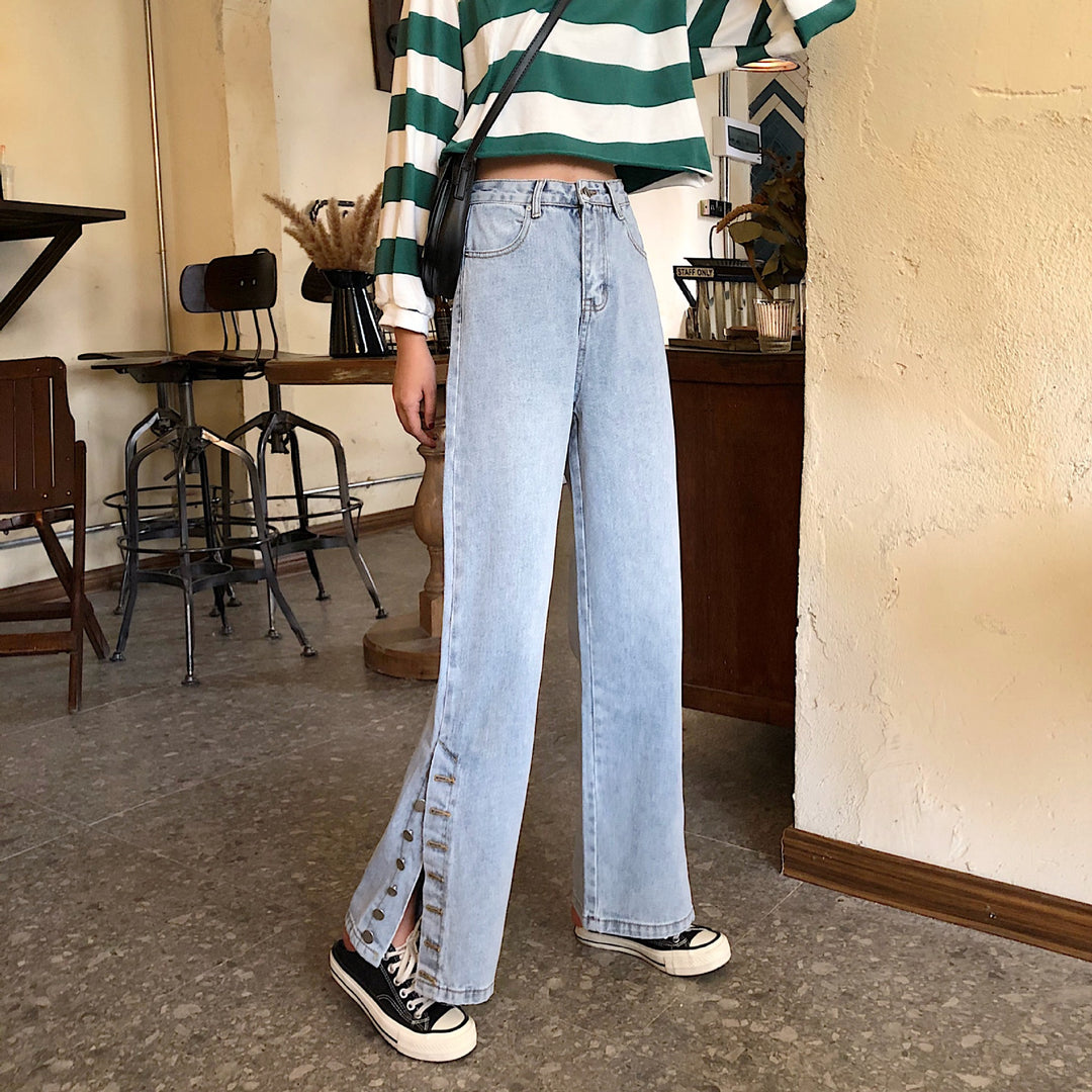 Damen Weitgeschnittene Jeans mit dekorativen Knopfdetails Drune