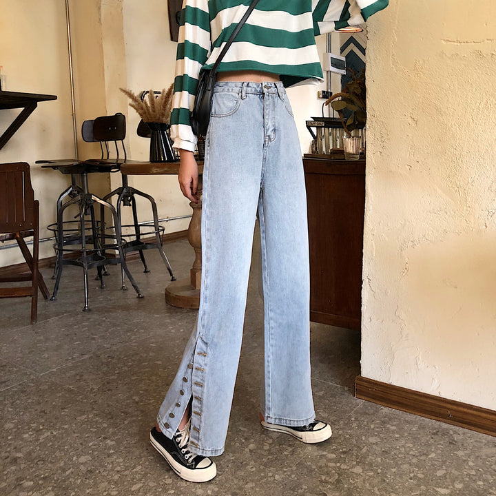 Damen Weitgeschnittene Jeans mit dekorativen Knopfdetails Drune