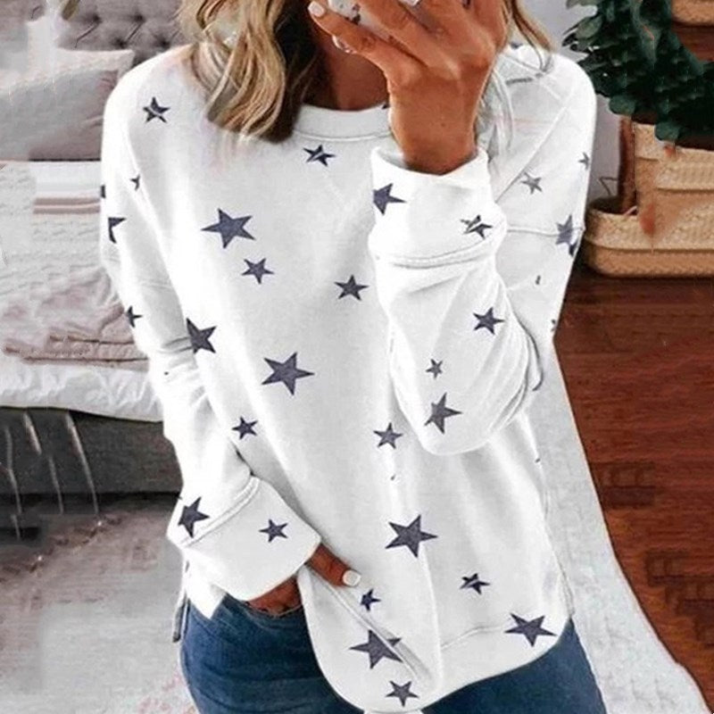 Damen nan locker geschnittenes Sternen-Print Sweatshirt mit Rundhalsausschnitt, verlängertem Rücken und seitlichen Schlitzen Drune