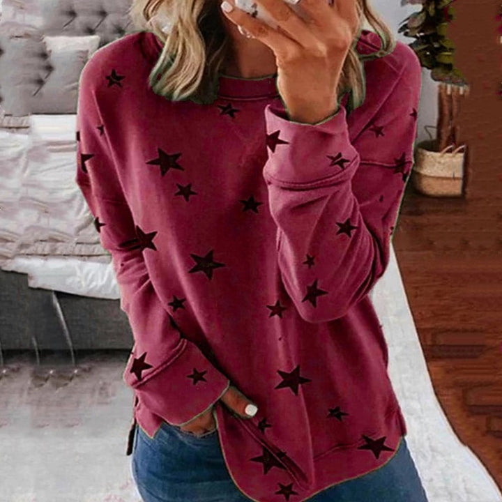 Damen nan locker geschnittenes Sternen-Print Sweatshirt mit Rundhalsausschnitt, verlängertem Rücken und seitlichen Schlitzen Drune