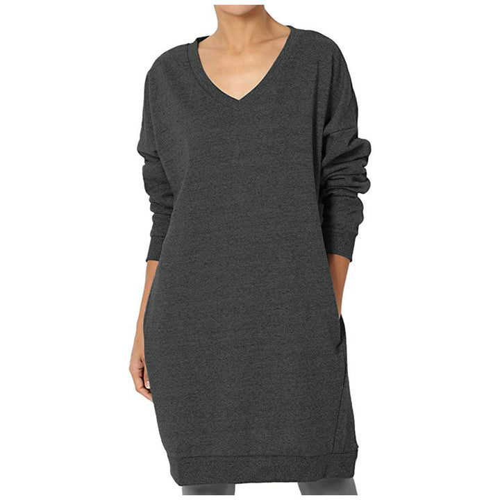 Damen Sweatkleid mit tiefem V-Ausschnitt und praktischen Taschen Drune