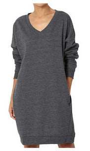 Damen Sweatkleid mit tiefem V-Ausschnitt und praktischen Taschen Drune