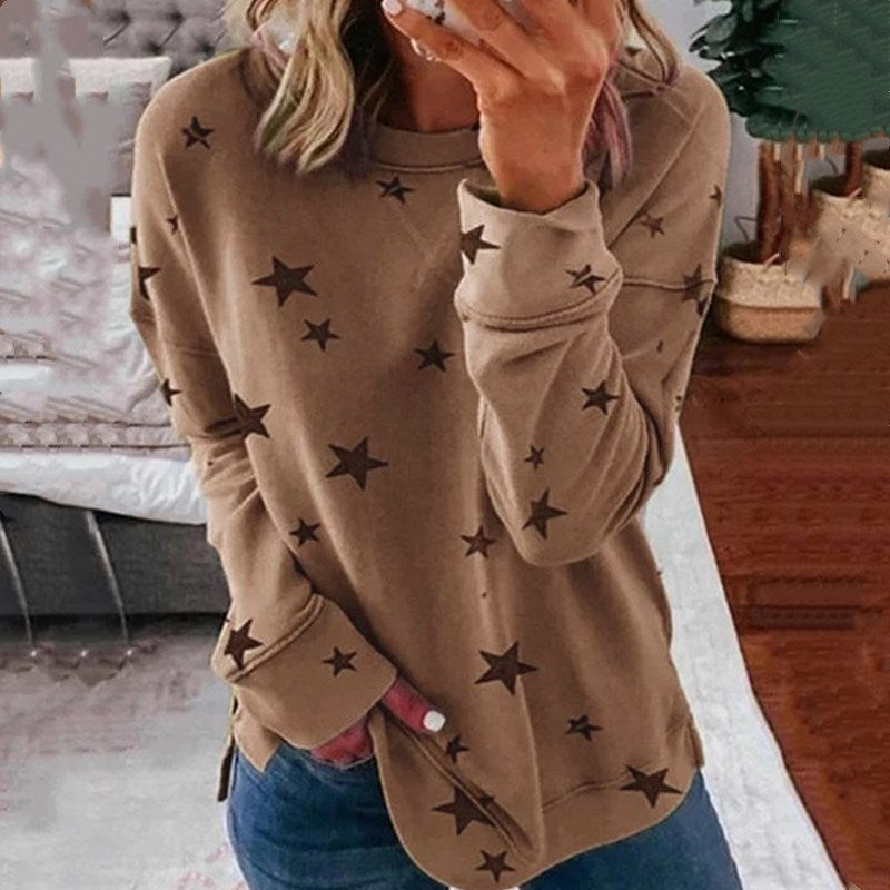 Damen nan locker geschnittenes Sternen-Print Sweatshirt mit Rundhalsausschnitt, verlängertem Rücken und seitlichen Schlitzen Drune