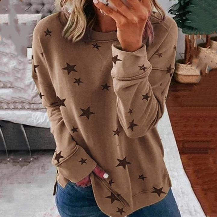 Damen nan locker geschnittenes Sternen-Print Sweatshirt mit Rundhalsausschnitt, verlängertem Rücken und seitlichen Schlitzen Drune
