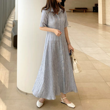 Damen Gestreiftes Hemdblusenkleid Maxi mit Kentkragen und seitlichem Beinschlitz Drune