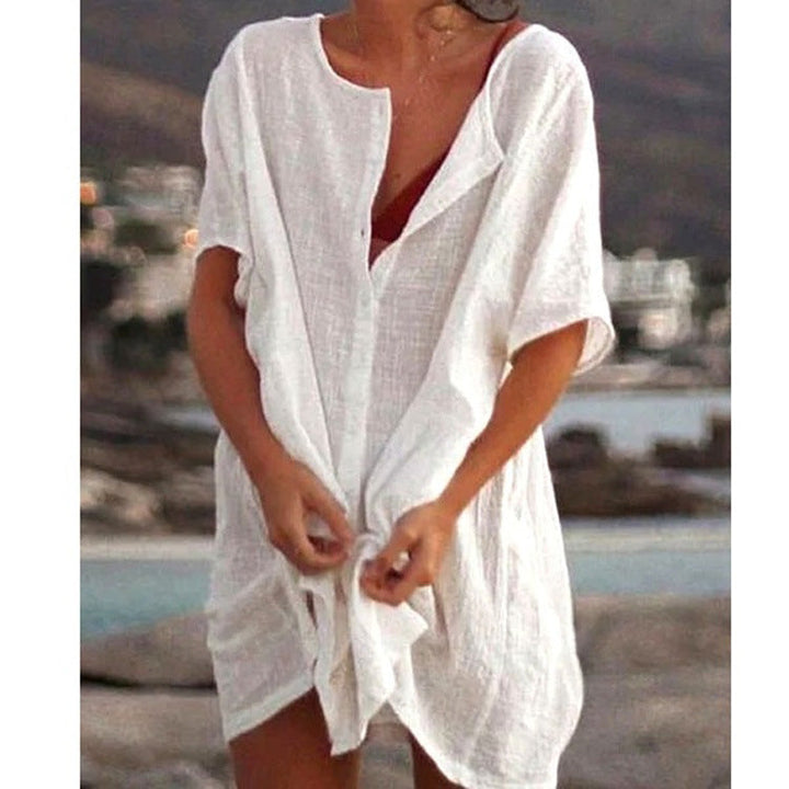 Damen Lässiges Strandkleid aus Leinen mit Knopfleiste und seitlichen Schlitzen Drune
