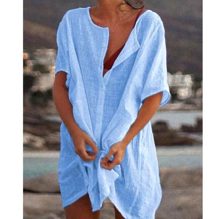 Damen Lässiges Strandkleid aus Leinen mit Knopfleiste und seitlichen Schlitzen Drune