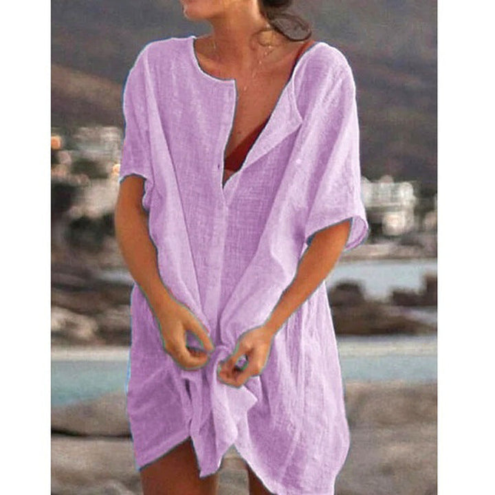 Damen Lässiges Strandkleid aus Leinen mit Knopfleiste und seitlichen Schlitzen Drune