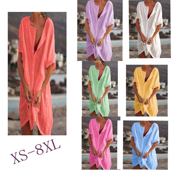 Damen Lässiges Strandkleid aus Leinen mit Knopfleiste und seitlichen Schlitzen Drune