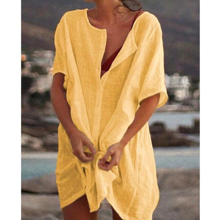 Damen Lässiges Strandkleid aus Leinen mit Knopfleiste und seitlichen Schlitzen Drune