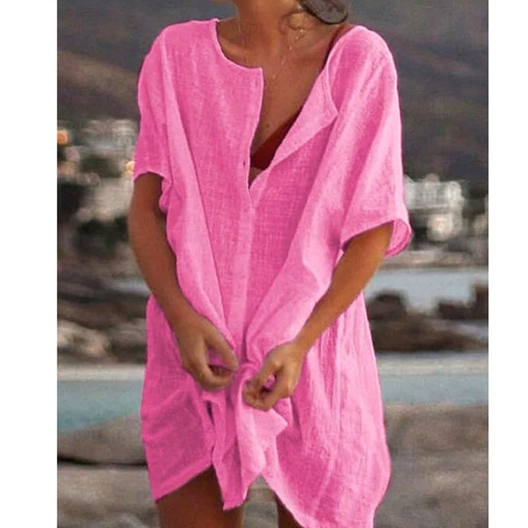 Damen Lässiges Strandkleid aus Leinen mit Knopfleiste und seitlichen Schlitzen Drune